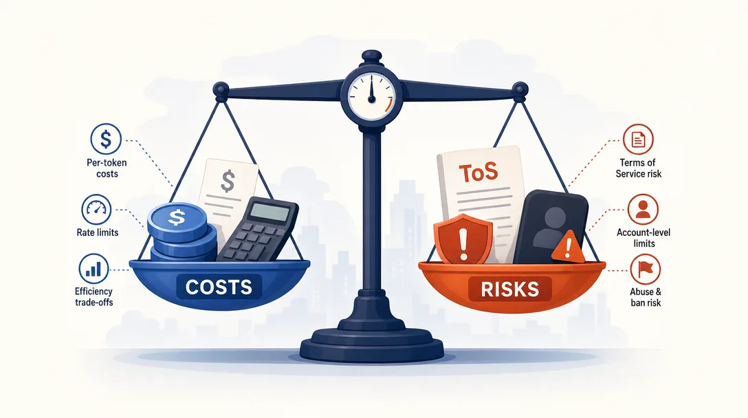 Product illustration of an honest cost-and-risk balance sheet covering ToS, abuse, and per-token economics for the CLI proxy.