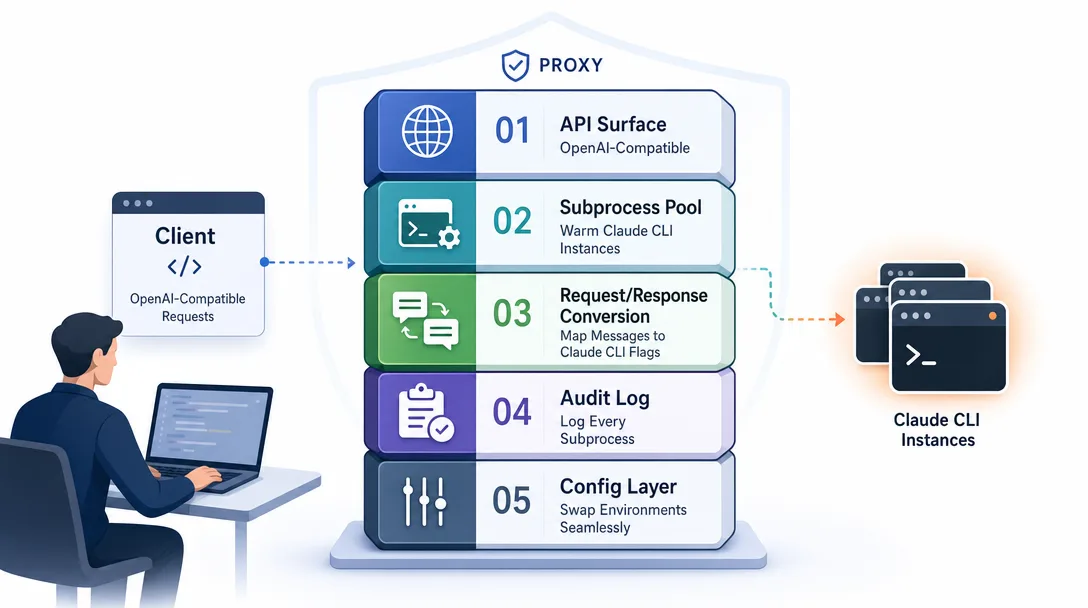 Product illustration of a five-module proxy stack covering API surface, subprocess pool, conversion, audit logging, and config.