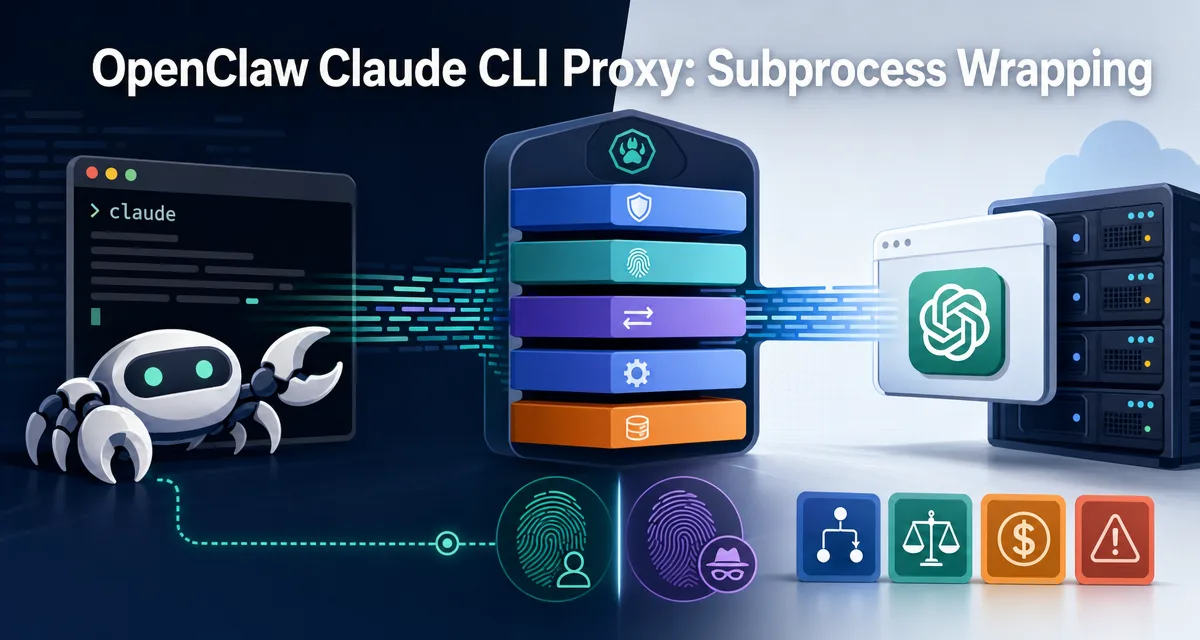 Product illustration cover for an OpenClaw Claude CLI proxy that wraps claude as an OpenAI-compatible endpoint via subprocess.