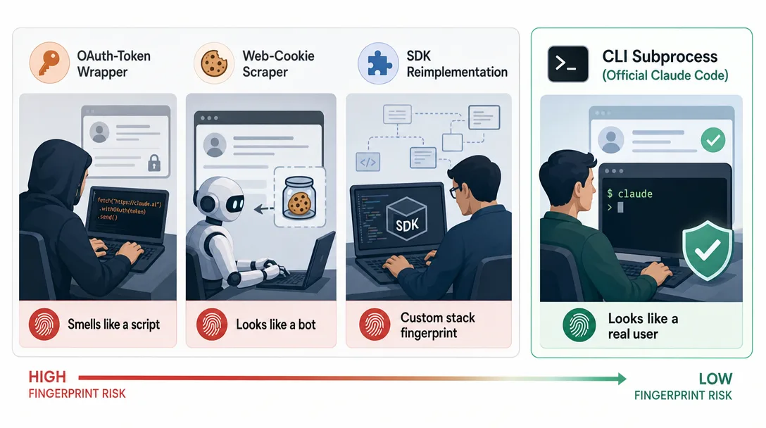 Product illustration of three Claude proxy patterns ranked by fingerprint, with CLI subprocess looking the most like a normal user.