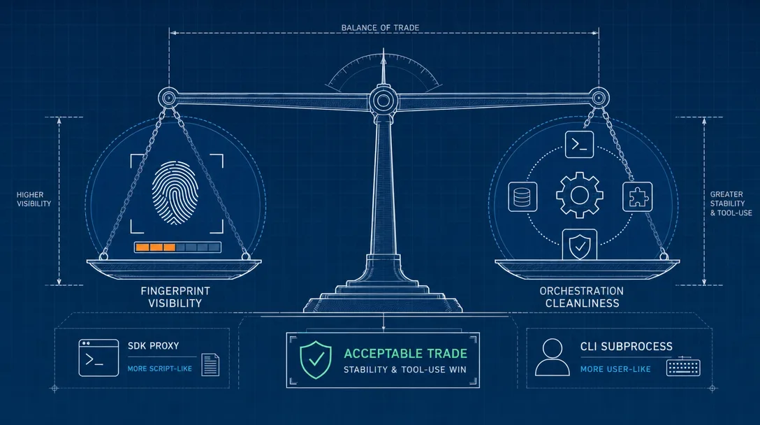 Blueprint illustration of an honest fingerprint balance sheet weighing wider visibility against cleaner integration.