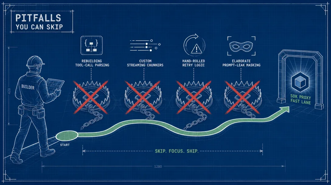 Blueprint illustration of pitfalls a builder can confidently skip when adopting the SDK proxy pattern.