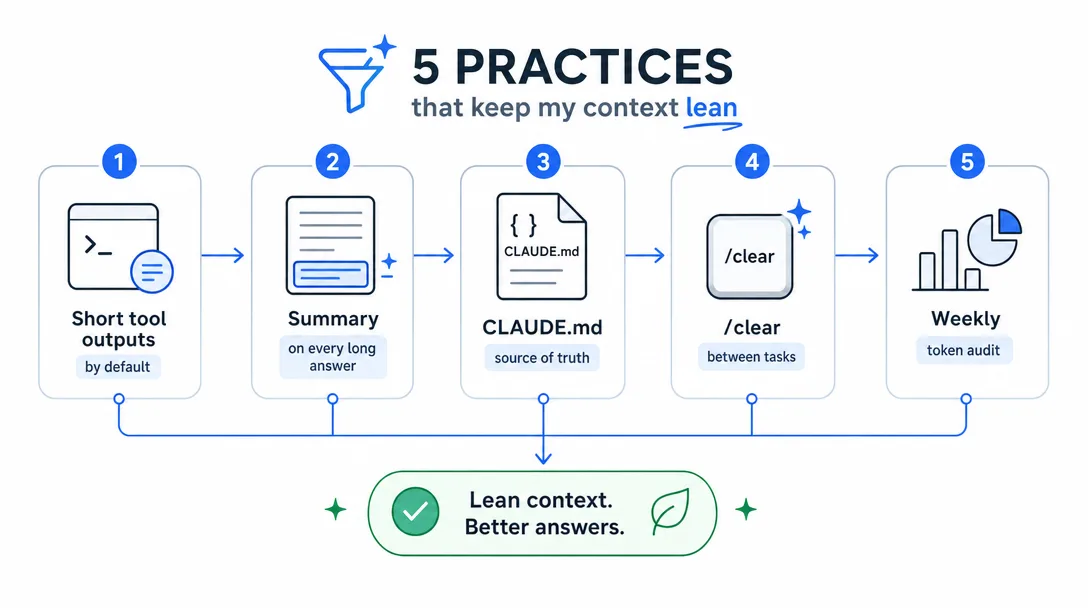 Flowchart diagram of five lean-context practices that keep an OpenClaw agent cheap and sharp.