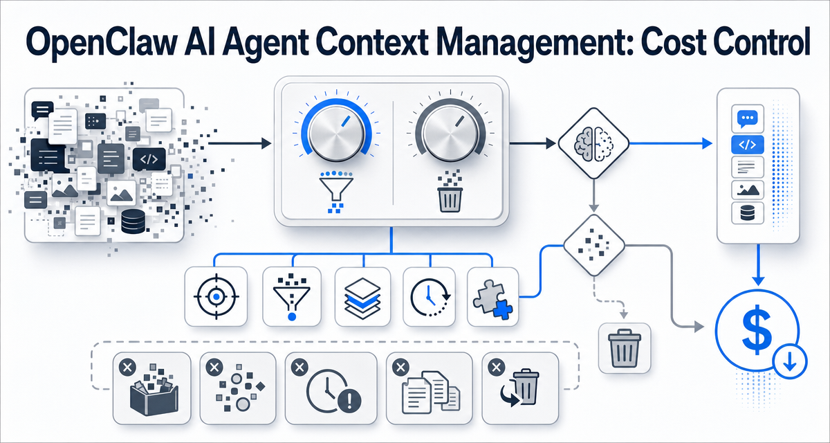 Flowchart diagram cover for OpenClaw AI agent context management focused on compaction, pruning, and cost control.