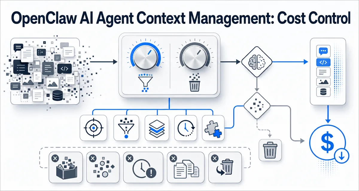 Flowchart diagram cover for OpenClaw AI agent context management focused on compaction, pruning, and cost control.