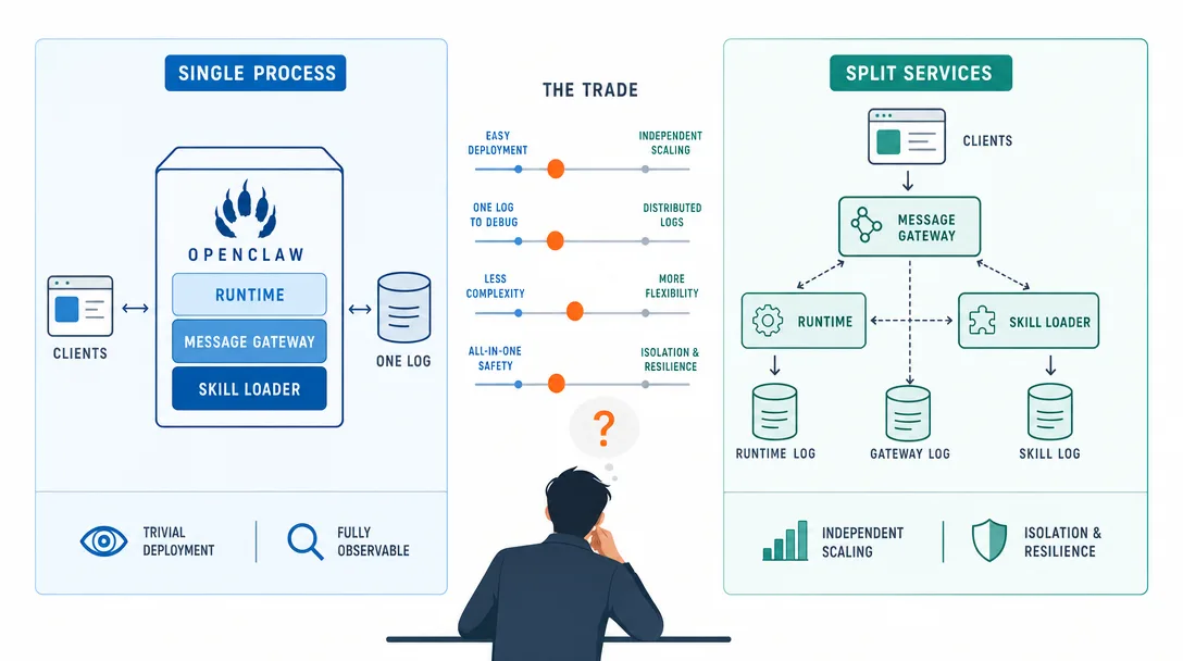Data visualization of an open architectural debate about whether to keep the single-process model or split into services.