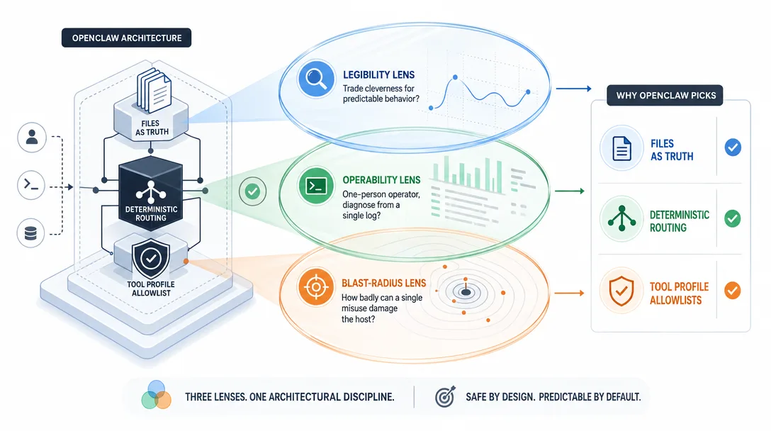 Data visualization of three architectural lenses that organize how to read every OpenClaw design choice.