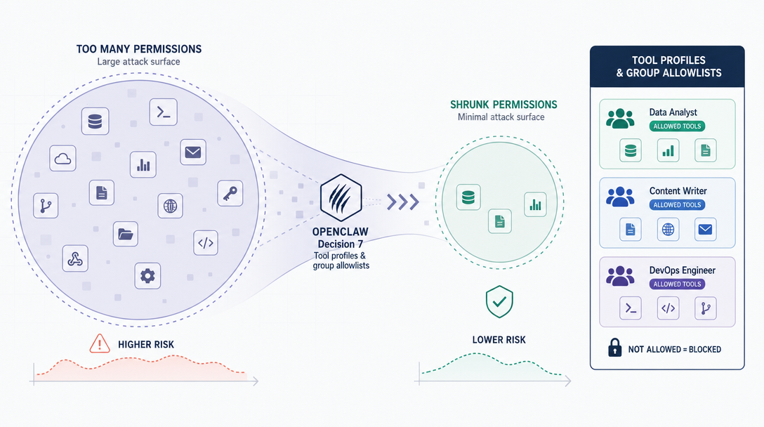 Data visualization of tool profiles and group allowlists that shrink an agent's attack surface.