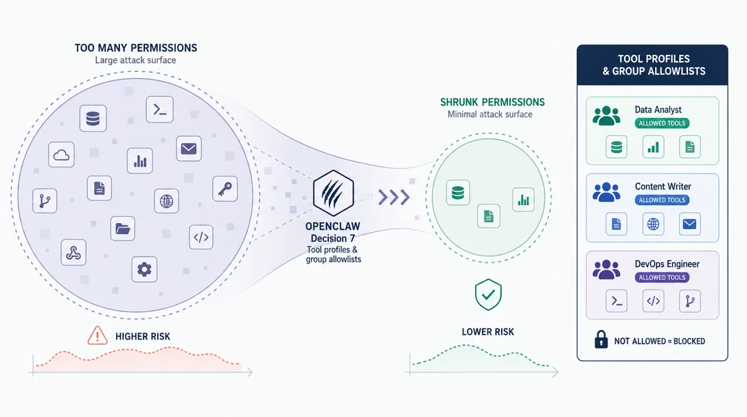 Data visualization of tool profiles and group allowlists that shrink an agent's attack surface.