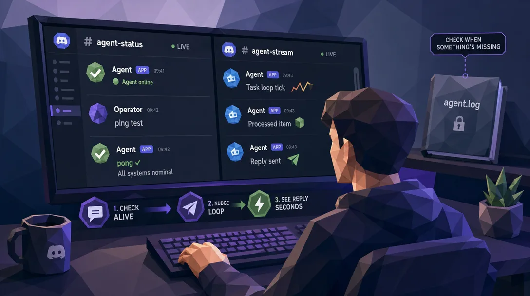 Low-poly 3D illustration of a daily debugging routine that uses two scripts to read and post into Discord.