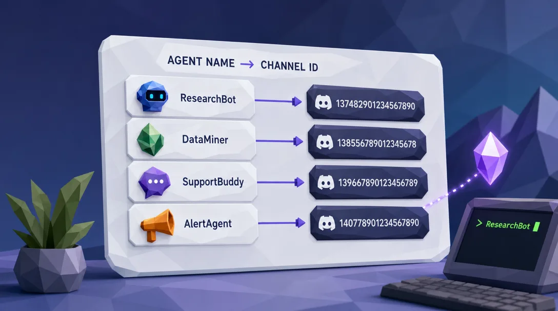 Low-poly 3D illustration of agent names mapped to Discord channel IDs through a single humane lookup file.