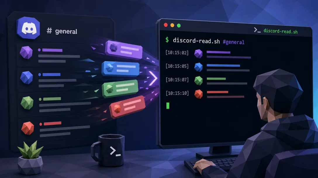 Low-poly 3D illustration of a one-line script that streams a Discord channel into the terminal.