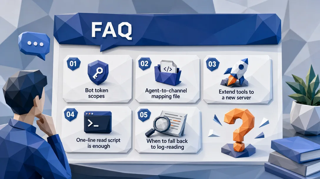 Low-poly 3D illustration of an FAQ panel covering Discord debug scripts setup, naming, scopes, and posting.