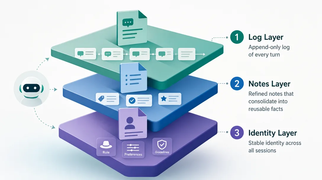 Semi-flat illustration of OpenClaw's three-layer memory architecture stacking logs, refined notes, and identity.