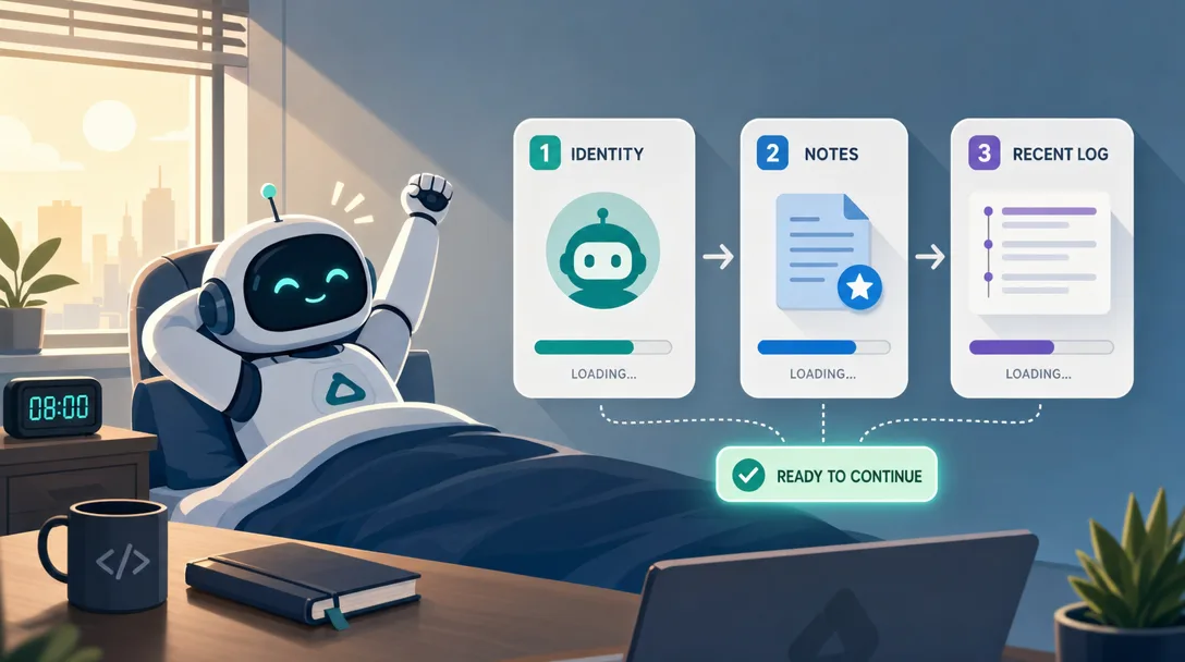 Semi-flat illustration of an agent waking up cold and reloading identity, refined notes, and recent log fragments to resume.