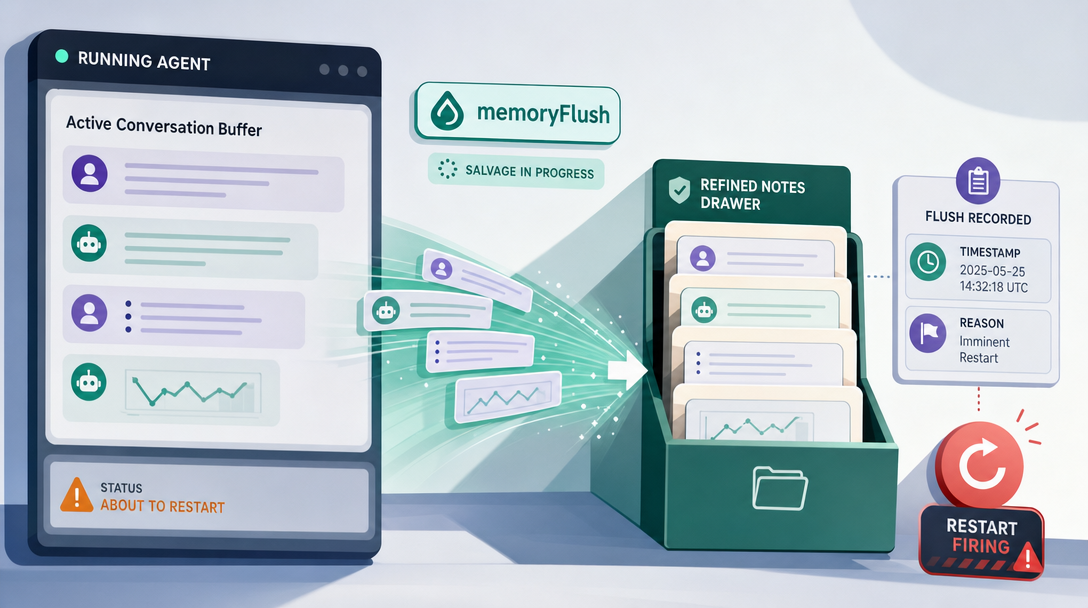 Semi-flat illustration of memoryFlush salvaging an agent's recent context into refined notes before a forced restart.