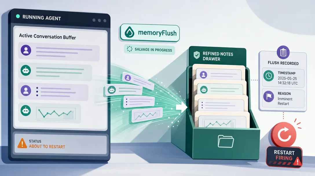 Semi-flat illustration of memoryFlush salvaging an agent's recent context into refined notes before a forced restart.
