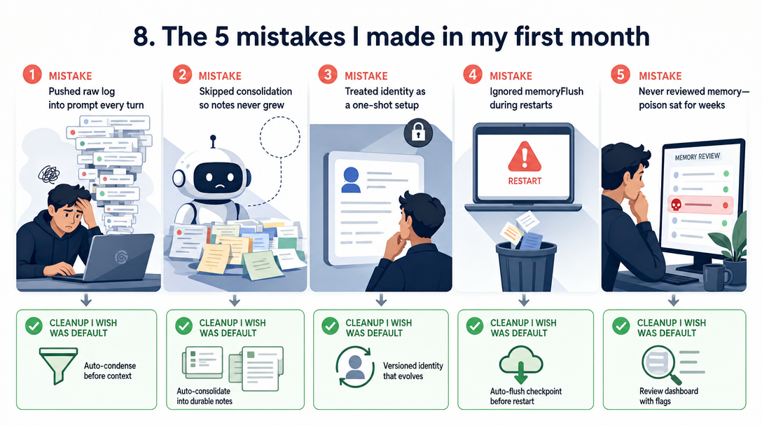 Semi-flat illustration of five common first-month memory mistakes when configuring an OpenClaw agent.