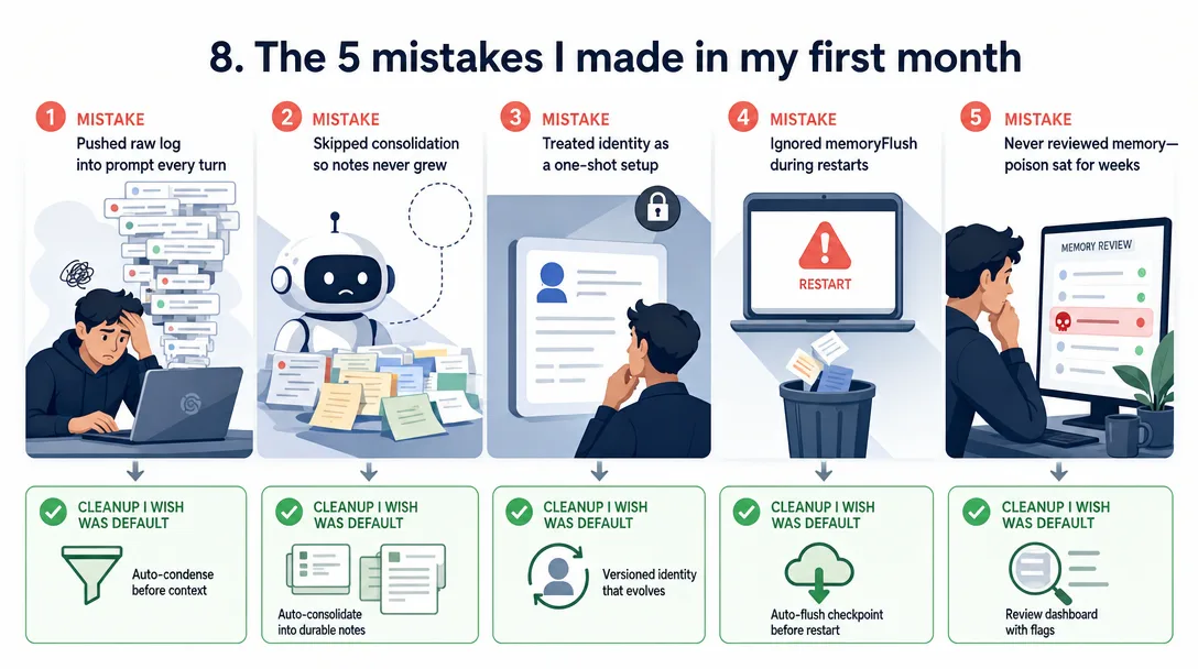 Semi-flat illustration of five common first-month memory mistakes when configuring an OpenClaw agent.
