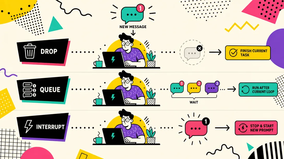 Memphis pattern illustration of three queue modes that decide what happens when a new message arrives during work.