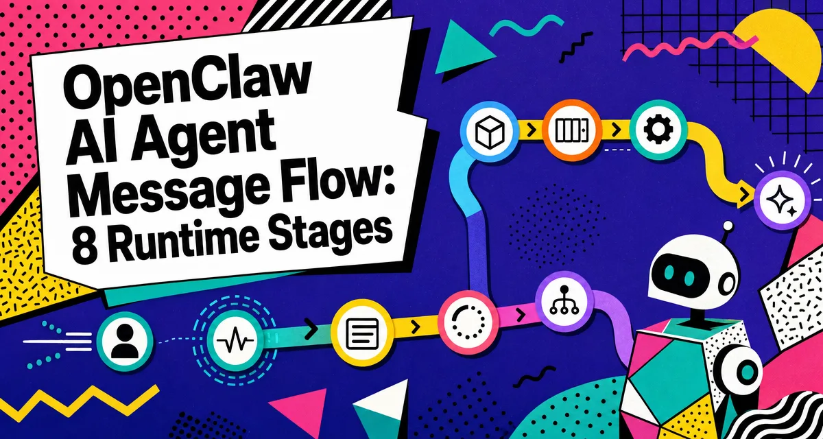 Memphis pattern cover for an OpenClaw eight-stage AI agent message flow with debounce, queues, and tool use.