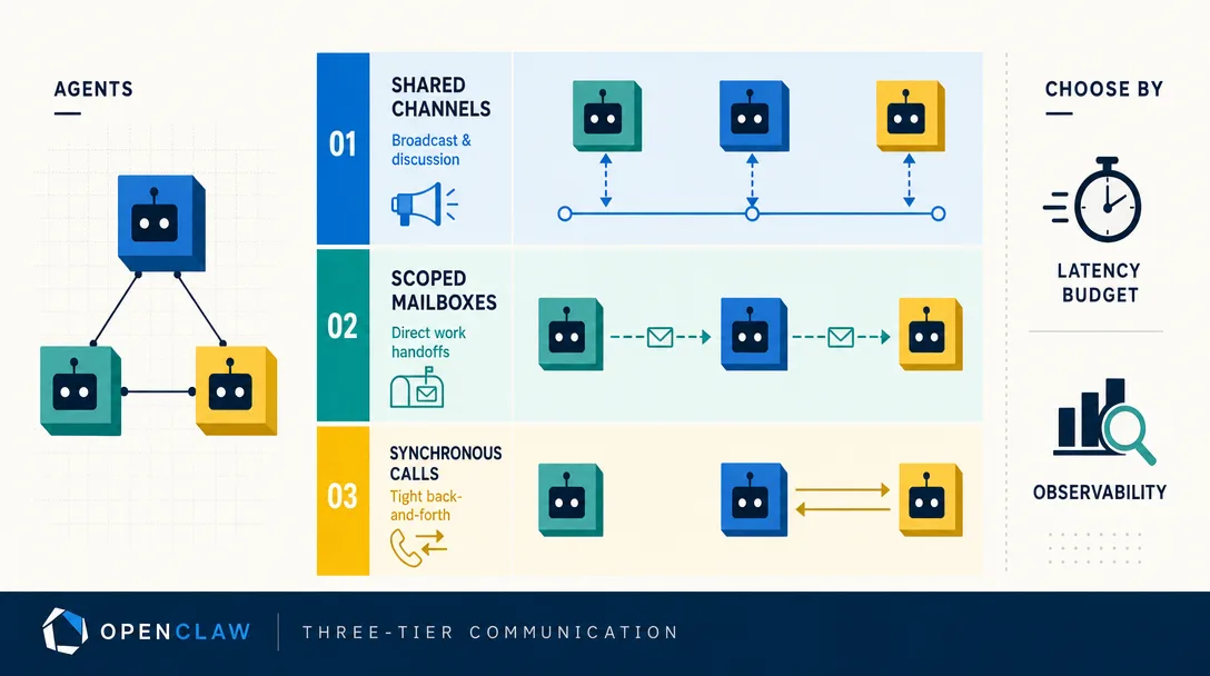 Modernist graphic illustration of three communication tiers between OpenClaw agents covering channels, mailboxes, and direct calls.