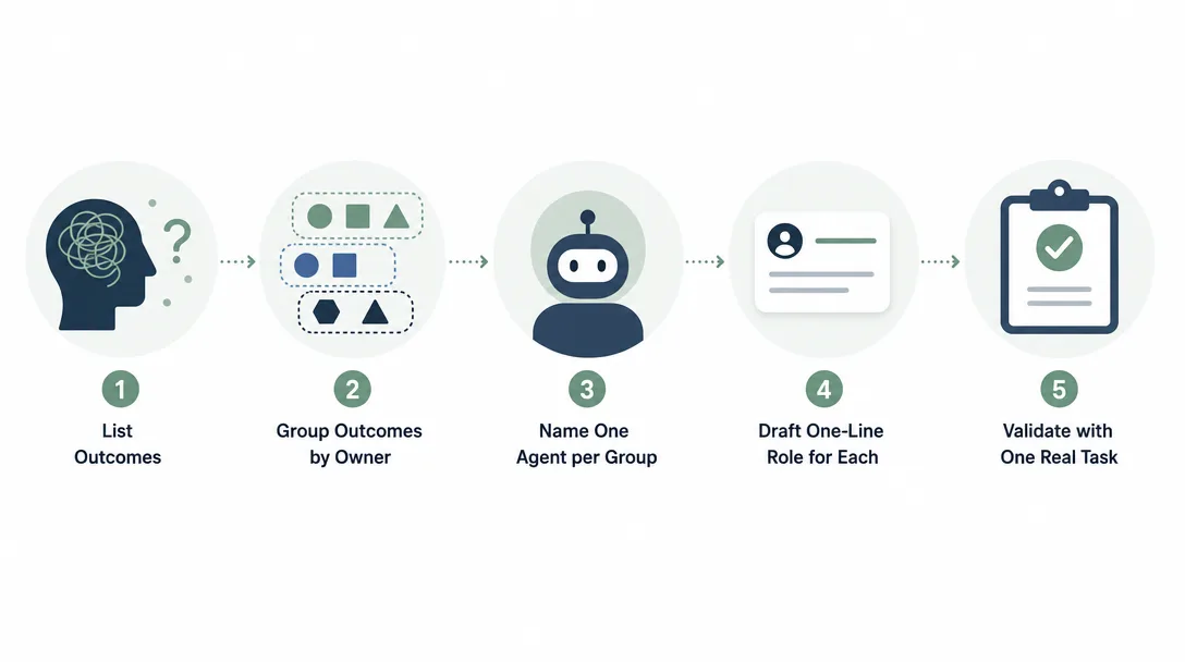 Minimalist illustration of a five-step pipeline that turns a fuzzy multi-agent idea into a working org chart.