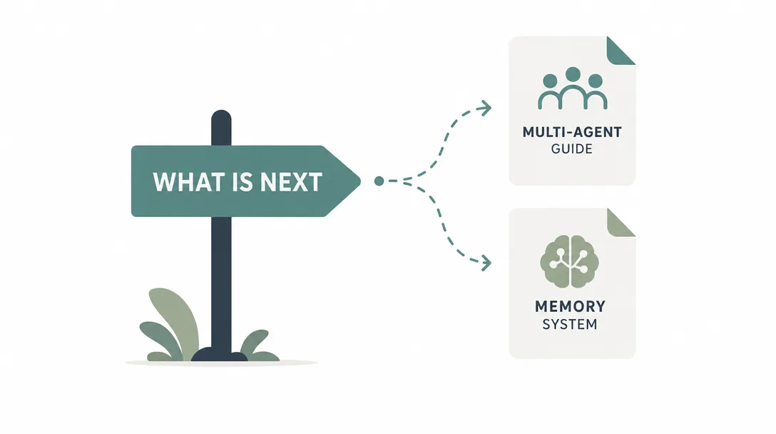 Minimalist illustration of a what-comes-next note pointing readers to the OpenClaw multi-agent and memory follow-ups.