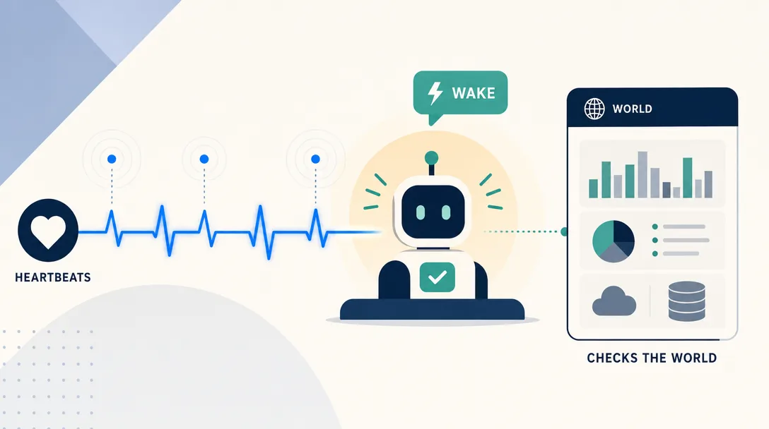 Geometric illustration of a heartbeat pulse that lets the agent act on its own at a steady rhythm.