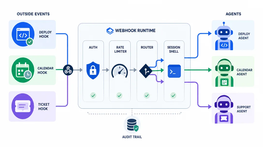 Geometric illustration of webhooks routing outside events into the OpenClaw runtime as reflexes.