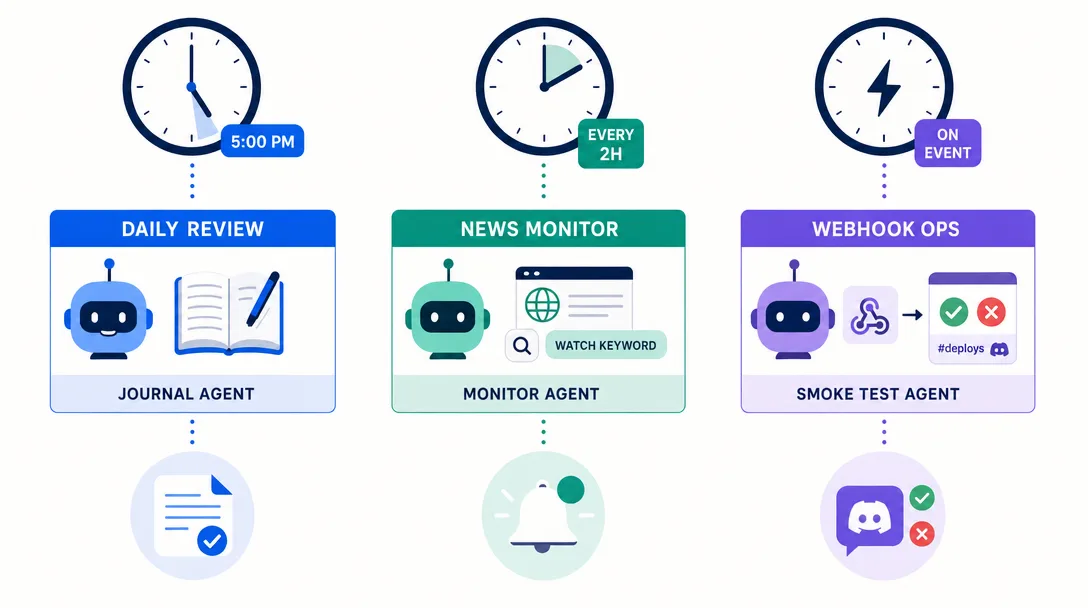 Geometric illustration of three real time-driven OpenClaw setups for daily review, news monitor, and webhook-driven ops.