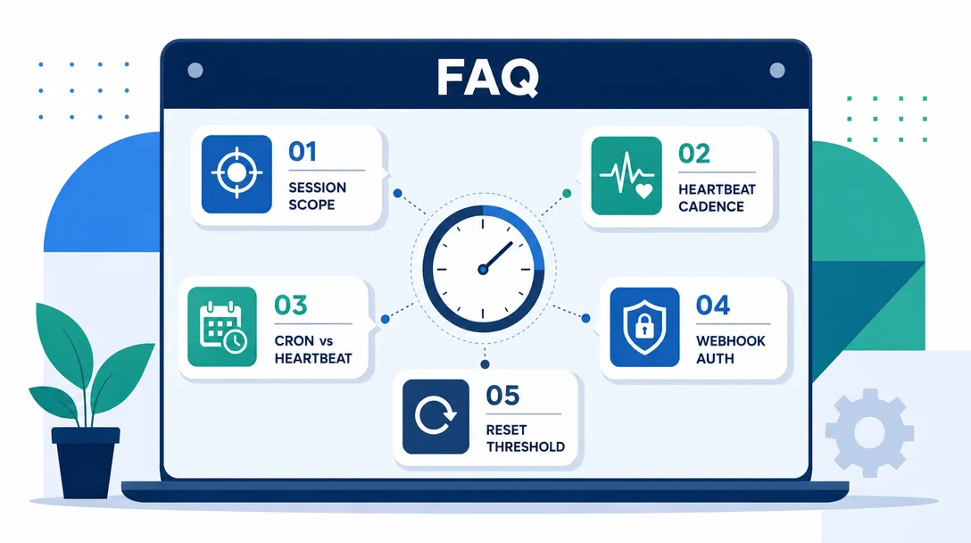 Geometric illustration of an FAQ panel covering sessions, heartbeat tuning, cron, webhooks, and reset thresholds.