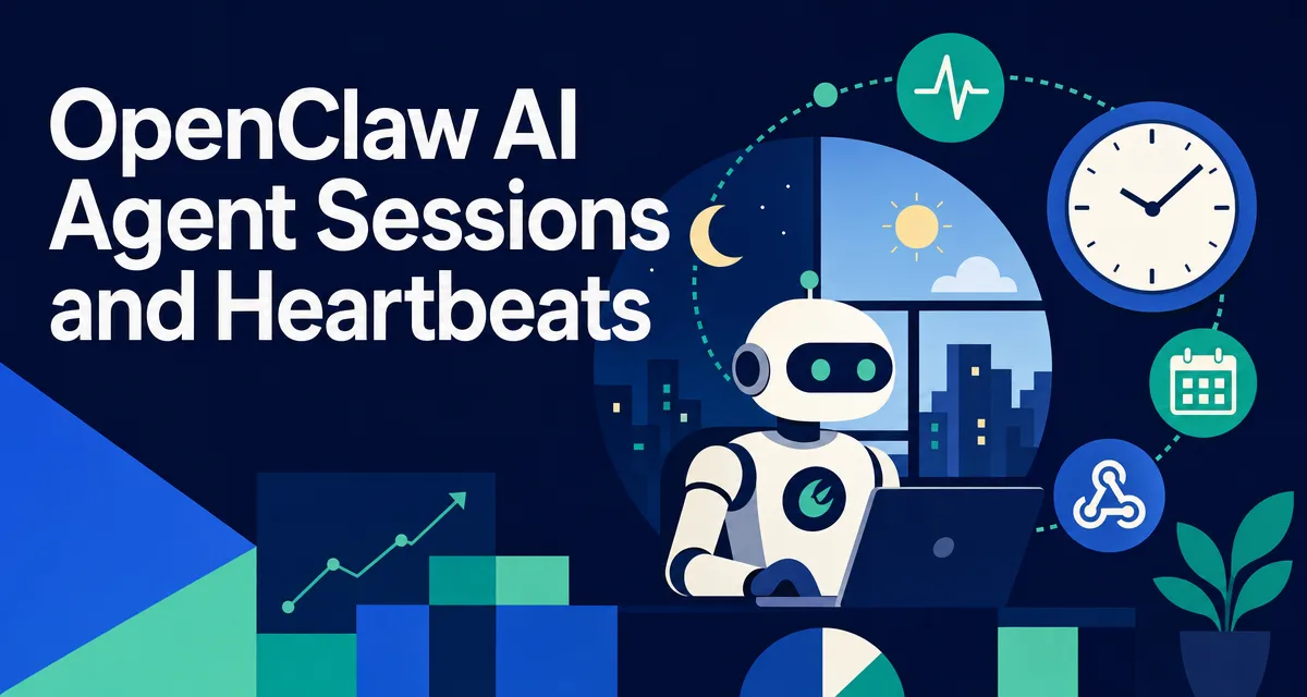 Geometric illustration cover for OpenClaw sessions, heartbeats, cron, and webhooks turning the agent into a 24/7 colleague.