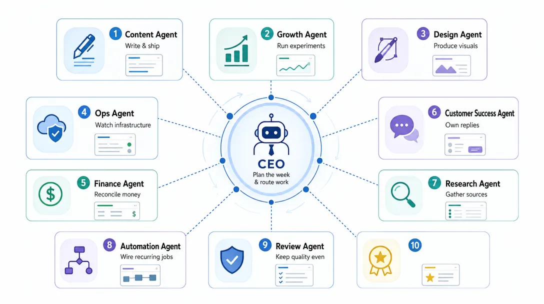 Architecture diagram of ten role specs covering CEO and nine specialists for content, growth, design, ops, finance, success, research, automation, and review.