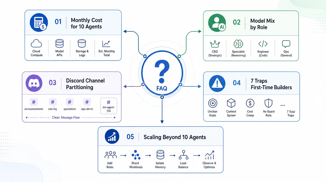 Architecture diagram of an FAQ panel covering ten-agent costs, model mix, Discord setup, and seven-trap warnings.