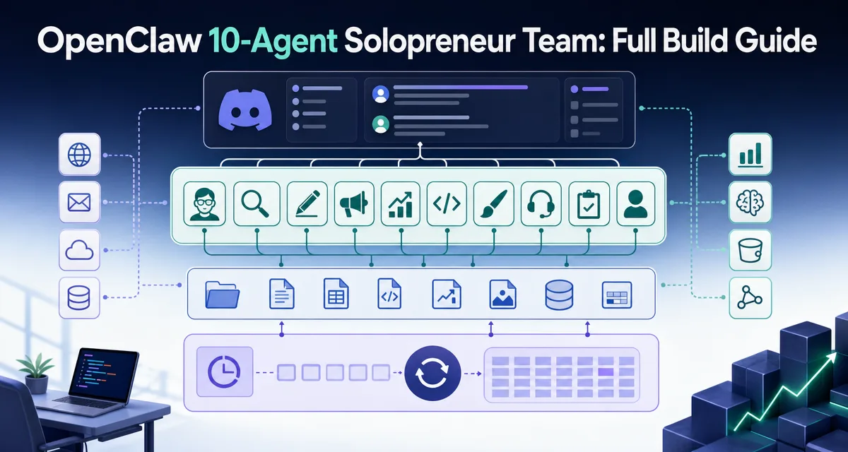 Architecture diagram cover for an OpenClaw ten-agent solopreneur team build guide running on Discord with cron schedules.