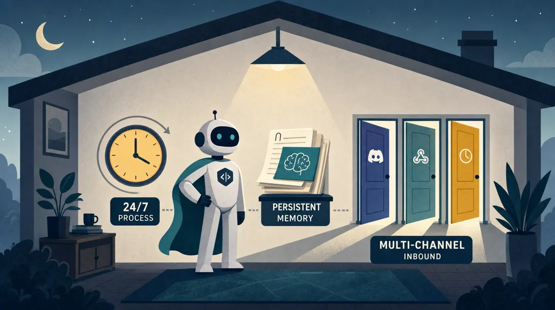 Editorial illustration of three runtime gifts a real AI agent needs: 24/7 process, persistent memory, and multi-channel inbound.