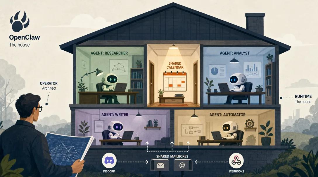 Editorial illustration of an analogy where OpenClaw is a small house with rooms, a calendar, and shared mailboxes.