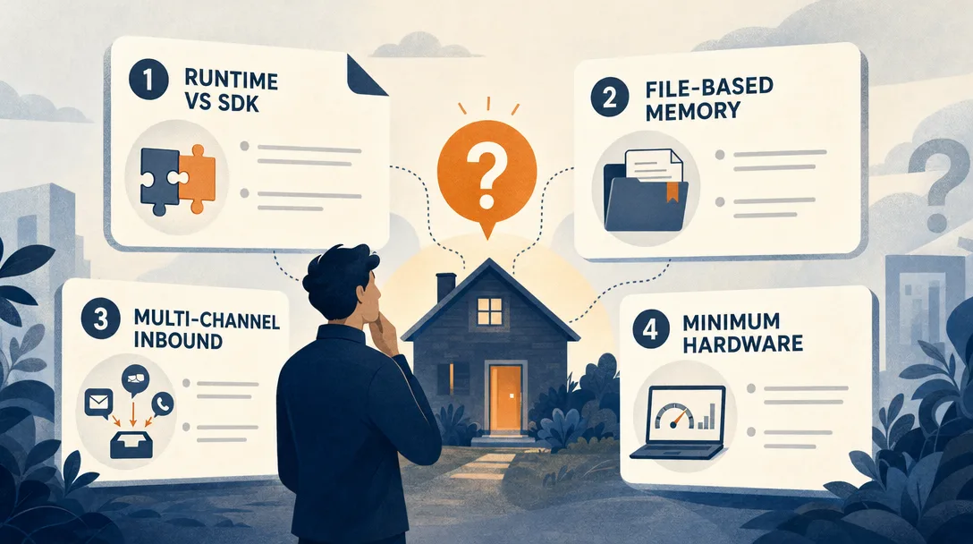 Editorial illustration of an FAQ panel covering runtime versus library, memory choice, channel routing, and minimum hardware.