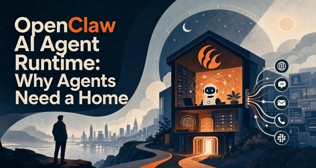 Editorial illustration cover for an OpenClaw essay on why an AI agent needs a runtime home rather than a chat tab.