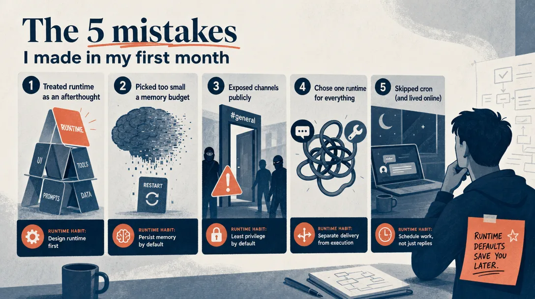 Editorial illustration of five common first-month mistakes when picking and configuring an AI agent runtime.
