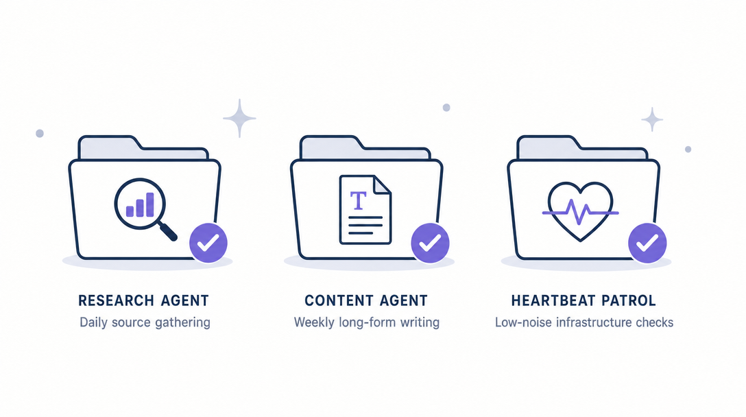 Icon illustration of three real workspace examples: a research agent, a content agent, and a heartbeat patrol agent.