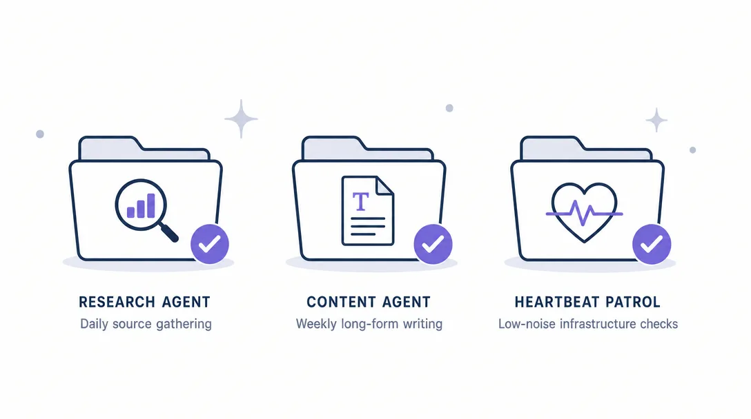 Icon illustration of three real workspace examples: a research agent, a content agent, and a heartbeat patrol agent.