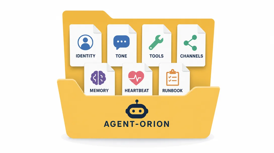 Icon illustration of the core workspace files end to end inside an OpenClaw agent folder.