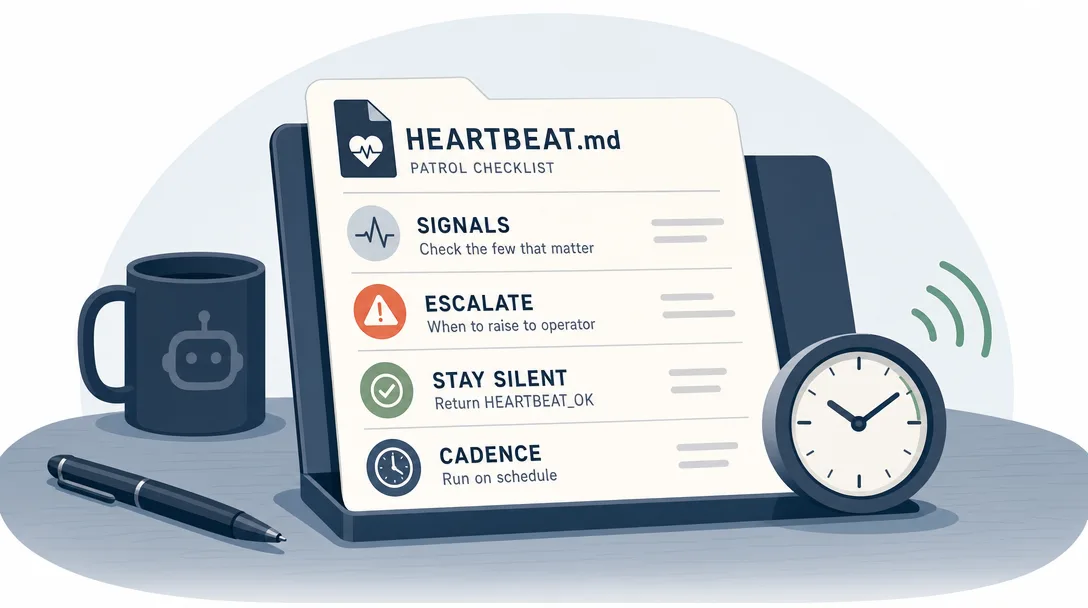 Icon illustration of HEARTBEAT.md as the patrol checklist the agent reads on every scheduled wake-up.