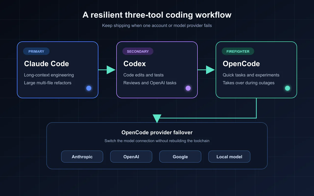 Claude Code, Codex, and OpenCode three-tool backup workflow
