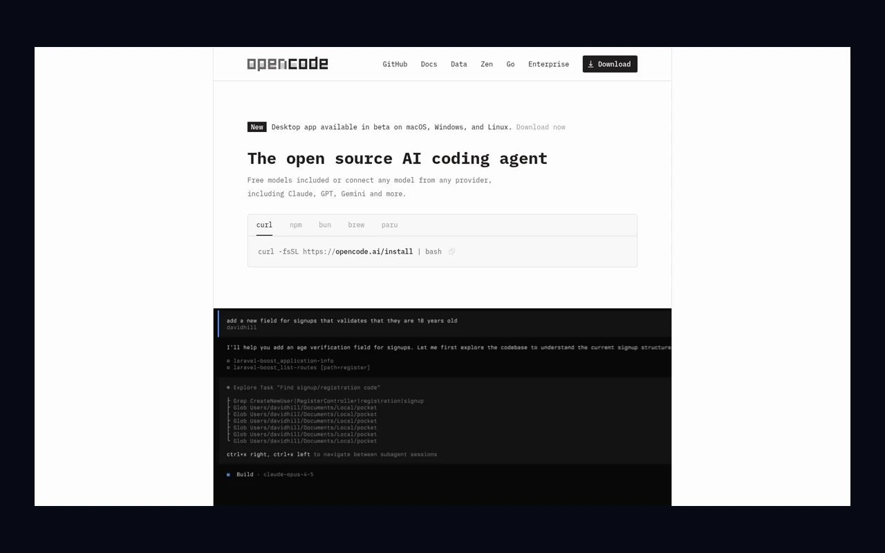 OpenCode homepage with desktop beta and one-command installation