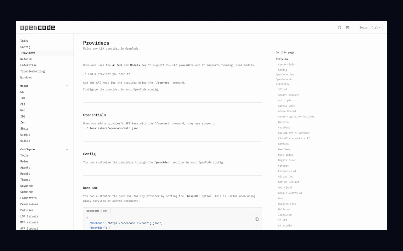 OpenCode providers documentation for 75+ LLM and local models