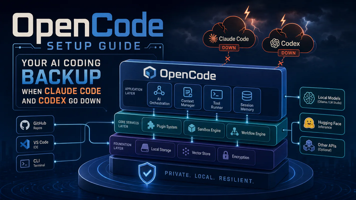 OpenCode Setup Guide: Your AI Coding Backup When Claude Code and Codex Go Down technical illustration for AI Workflow Pro readers
