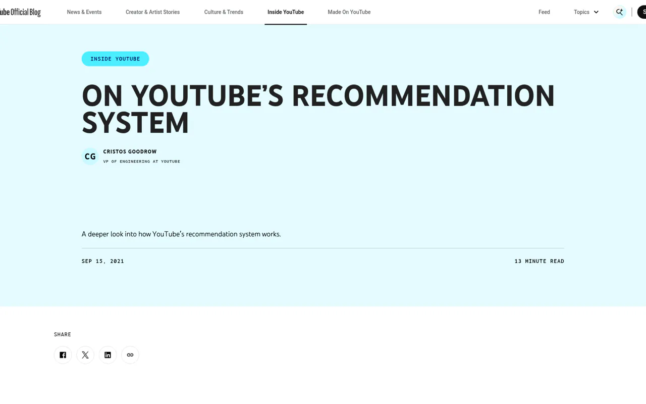 Official YouTube recommendation system engineering article